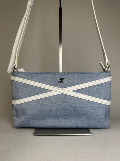 Vintage Courreges Denim Leather Trim Crossbody Bag Light Blue White