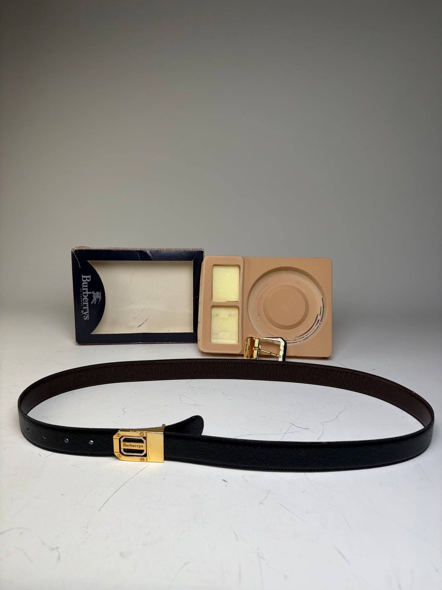 Vintage Burberry Leather Logo Belt Black Brown Gold