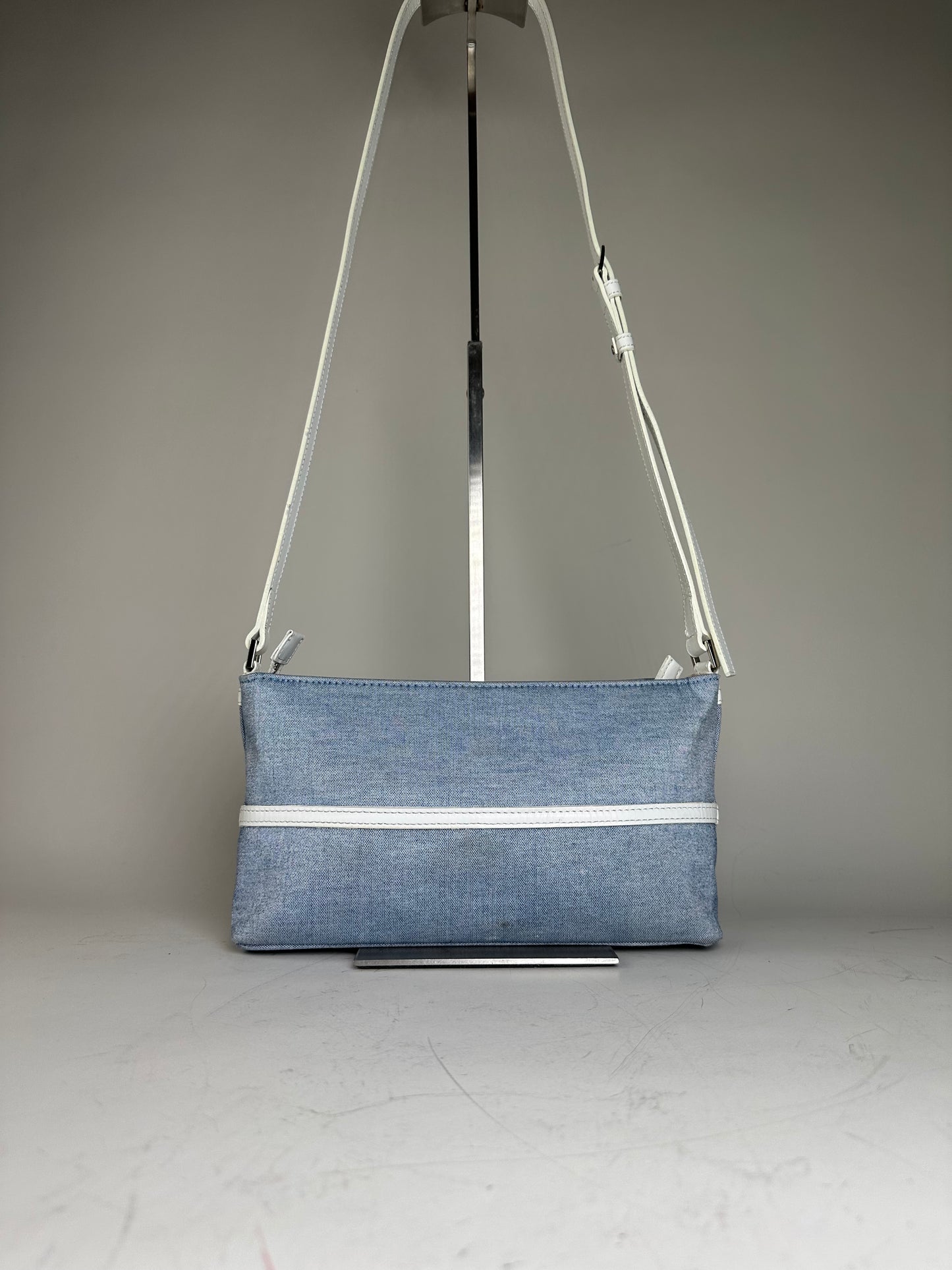 Vintage Courreges Denim Leather Trim Crossbody Bag Light Blue White