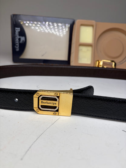 Vintage Burberry Leather Logo Belt Black Brown Gold
