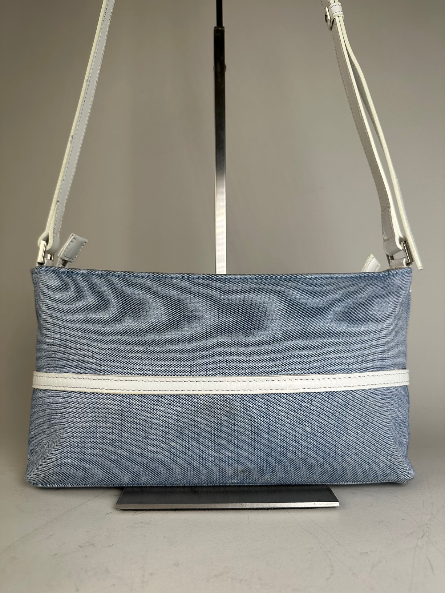 Vintage Courreges Denim Leather Trim Crossbody Bag Light Blue White
