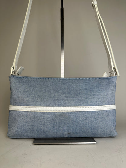 Vintage Courreges Denim Leather Trim Crossbody Bag Light Blue White