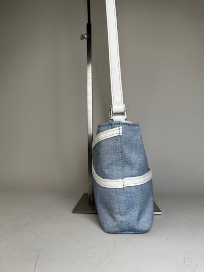 Vintage Courreges Denim Leather Trim Crossbody Bag Light Blue White