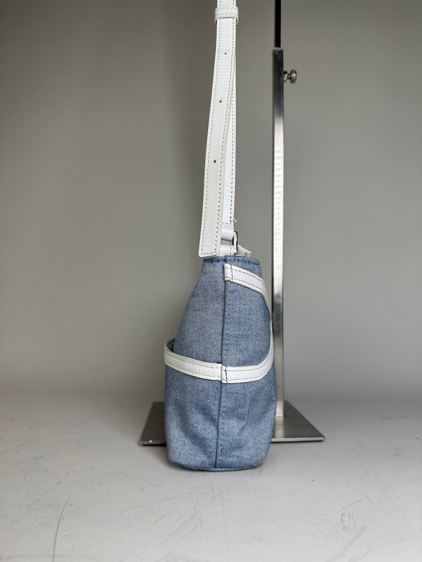 Vintage Courreges Denim Leather Trim Crossbody Bag Light Blue White