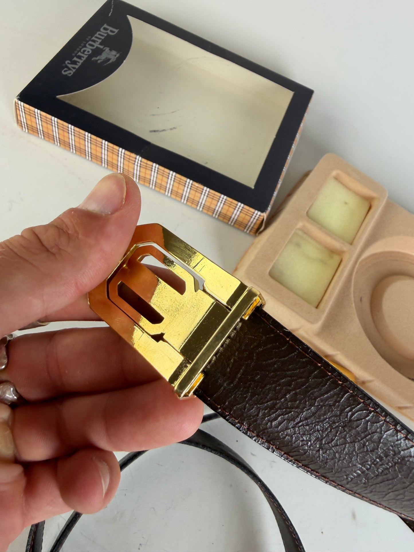 Vintage Burberry Leather Logo Belt Black Brown Gold