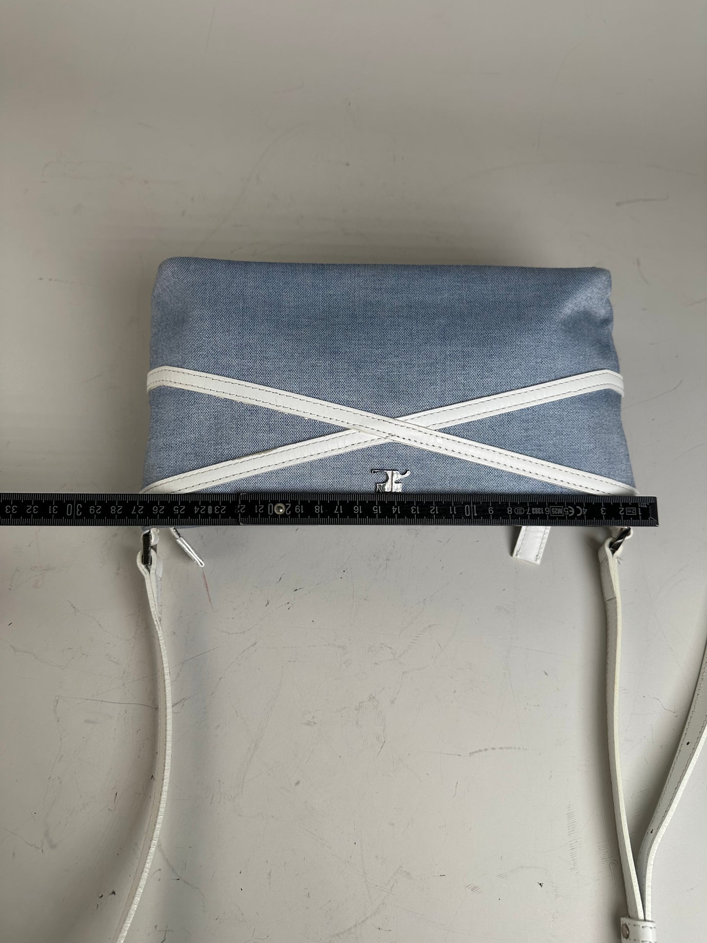 Vintage Courreges Denim Leather Trim Crossbody Bag Light Blue White