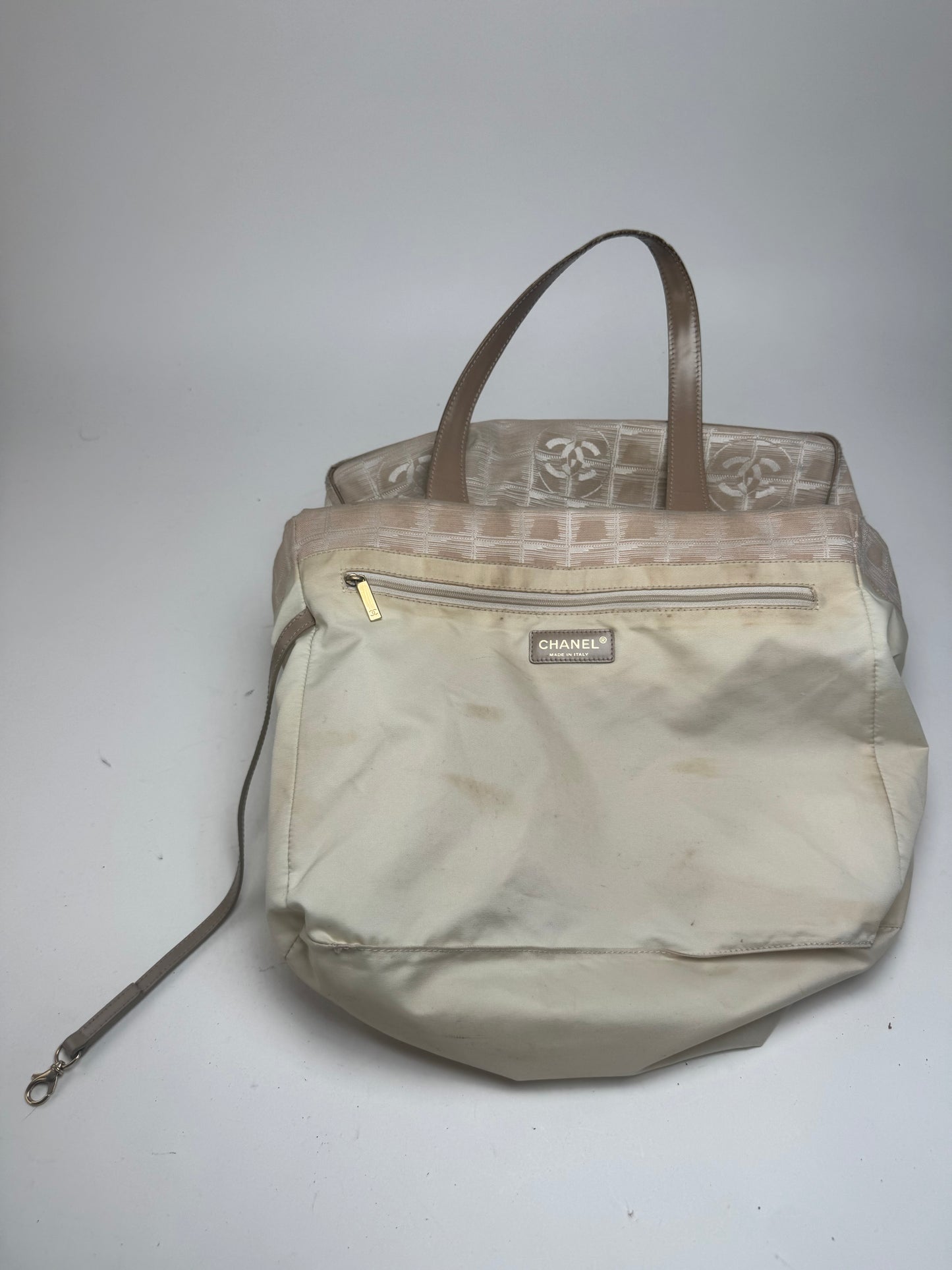 Vintage Chanel Canvas Leather New Travel Line Tote Bag beige