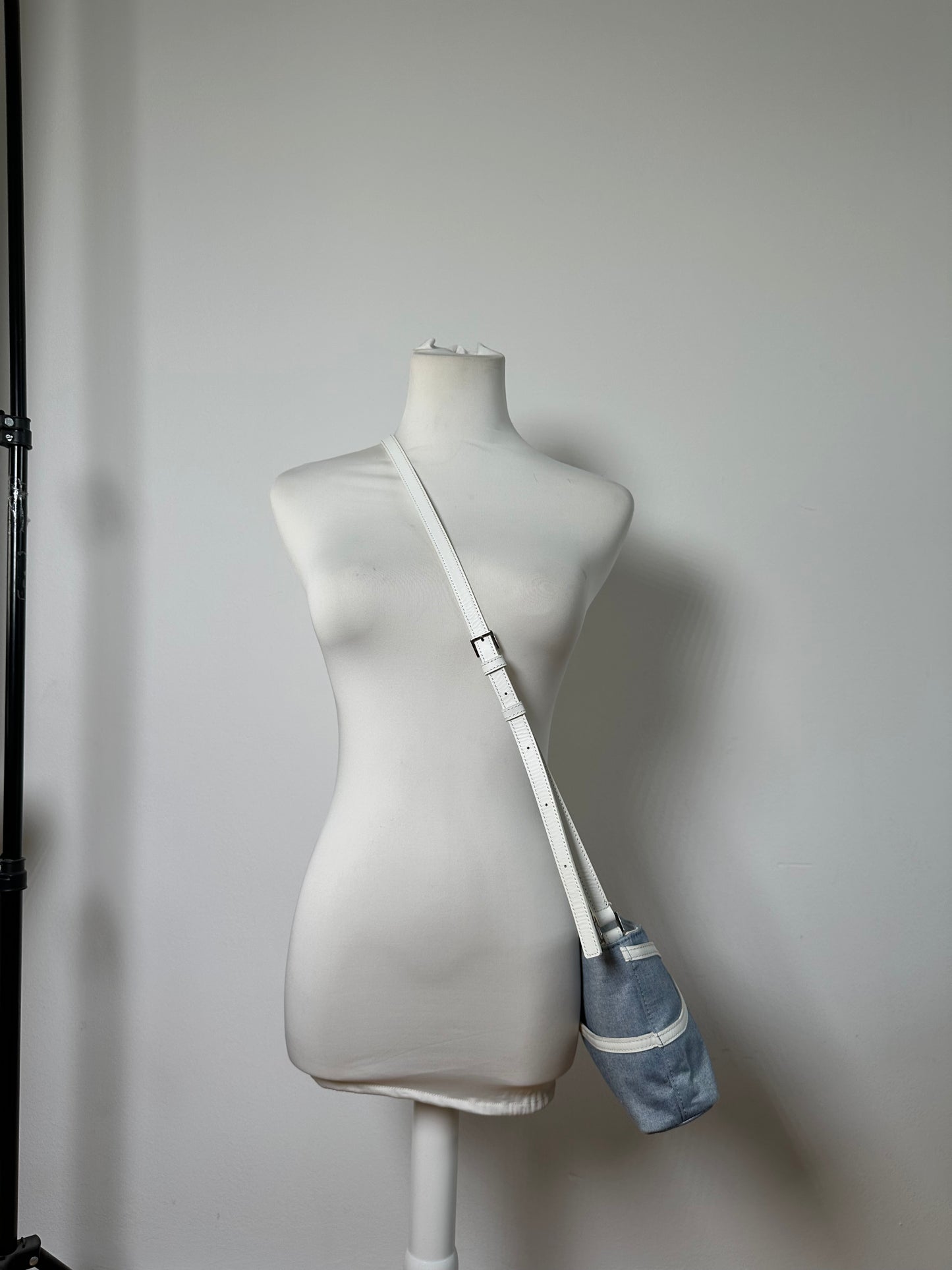 Vintage Courreges Denim Leather Trim Crossbody Bag Light Blue White