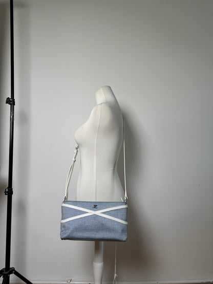 Vintage Courreges Denim Leather Trim Crossbody Bag Light Blue White