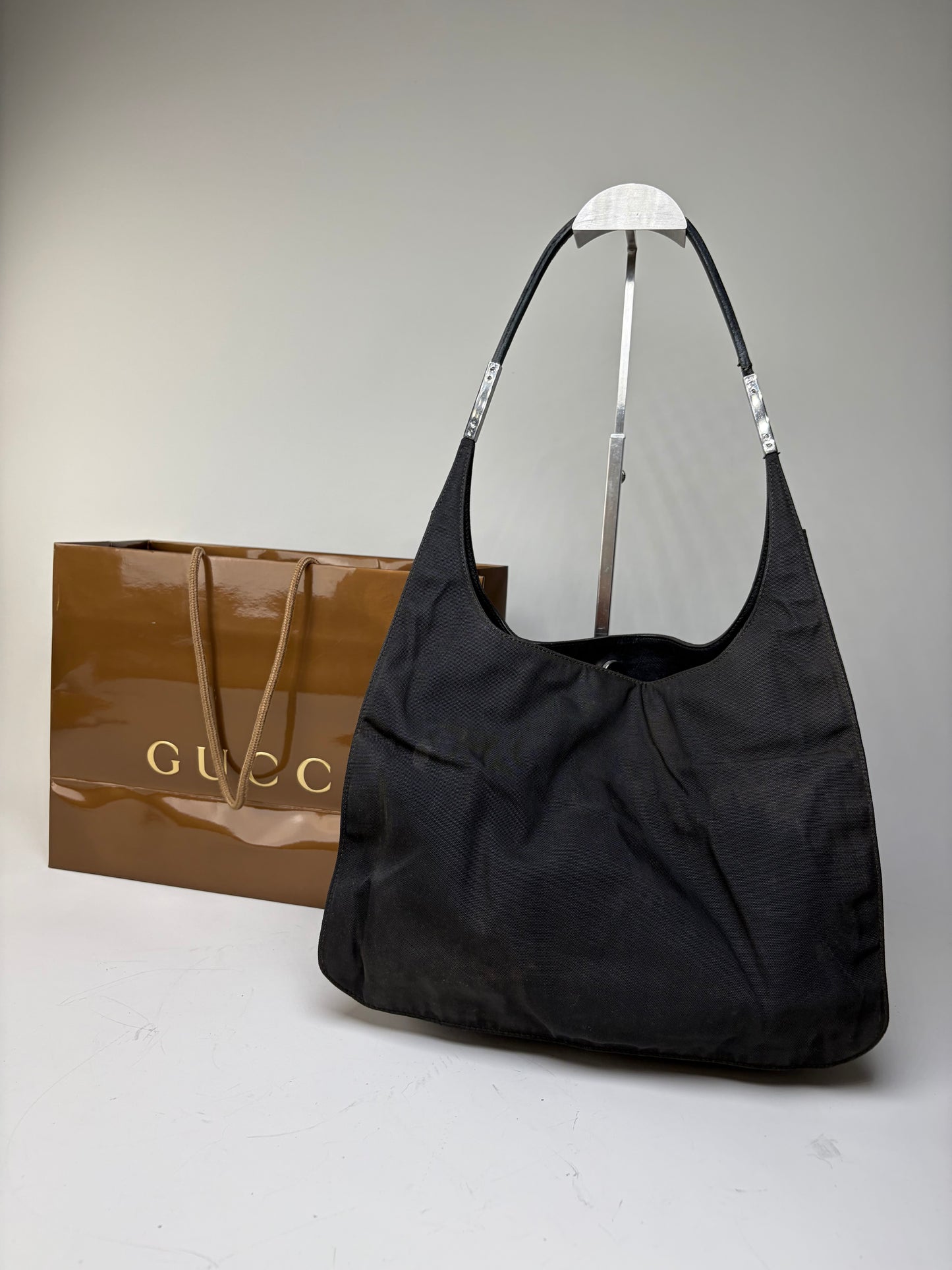 Vintage Gucci Nylon Shoulder Bag Black Silver
