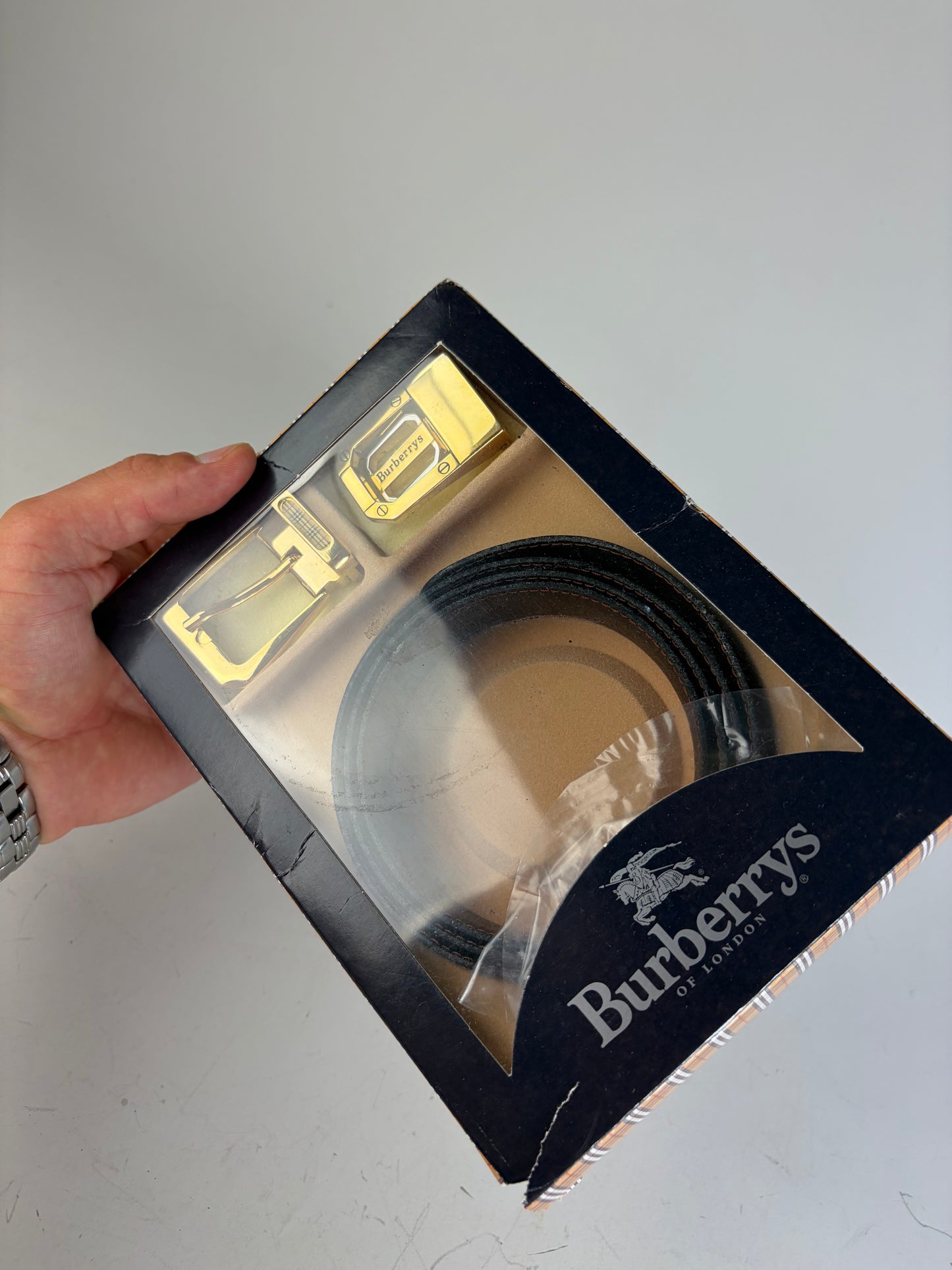 Vintage Burberry Leather Logo Belt Black Brown Gold