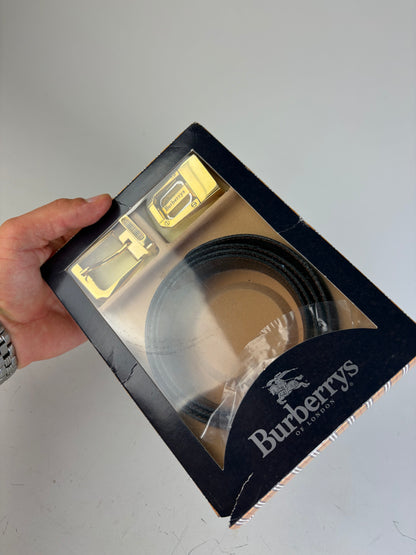 Vintage Burberry Leather Logo Belt Black Brown Gold