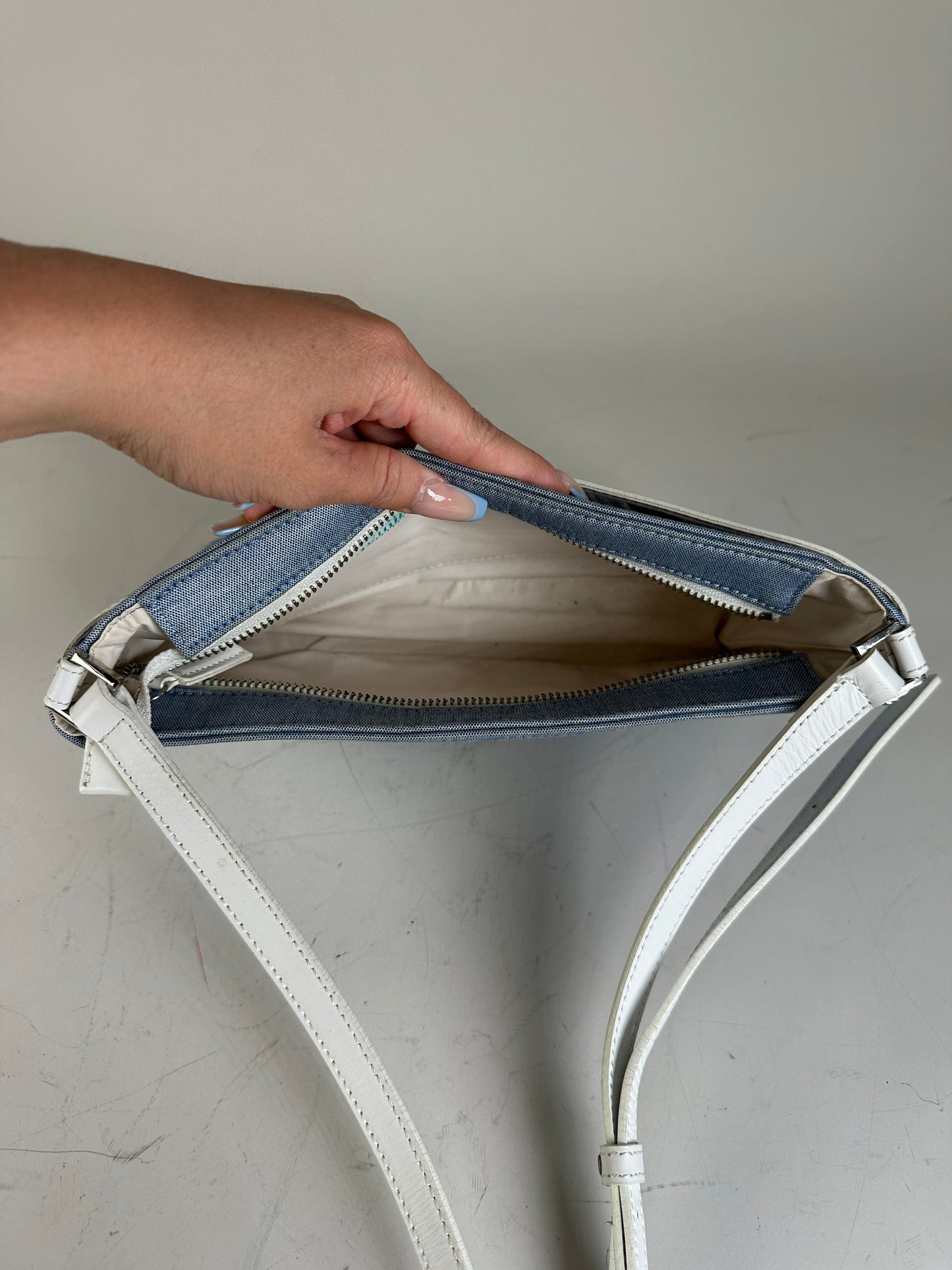 Vintage Courreges Denim Leather Trim Crossbody Bag Light Blue White