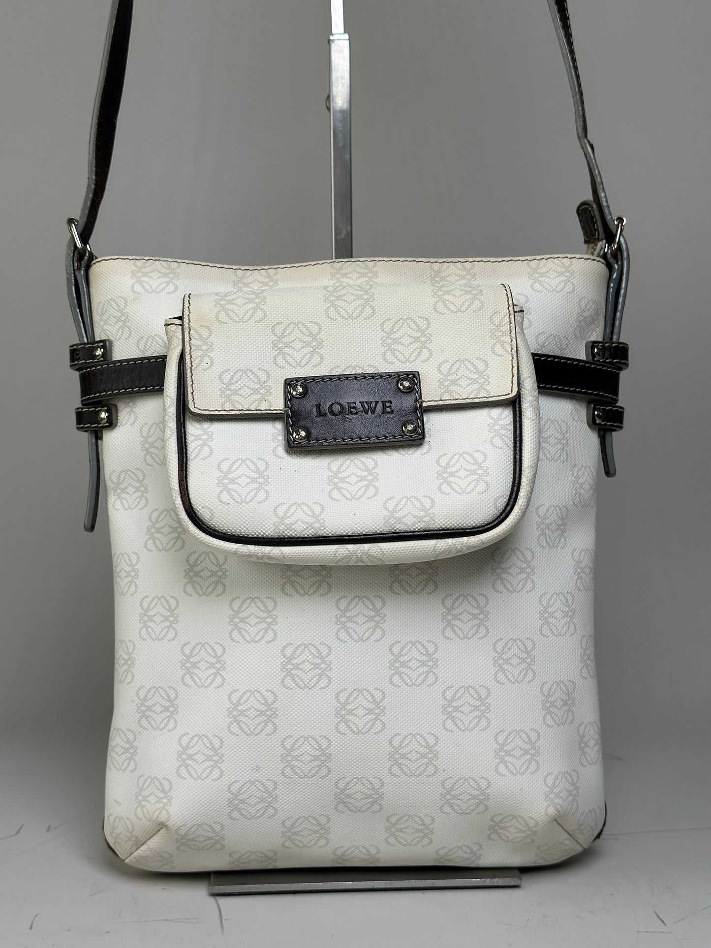 Vintage Loewe Coated Canvas Crossbody Bag White Silver
