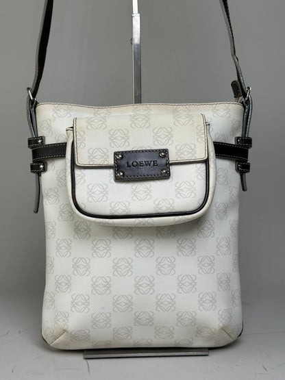 Vintage Loewe Coated Canvas Crossbody Bag White Silver