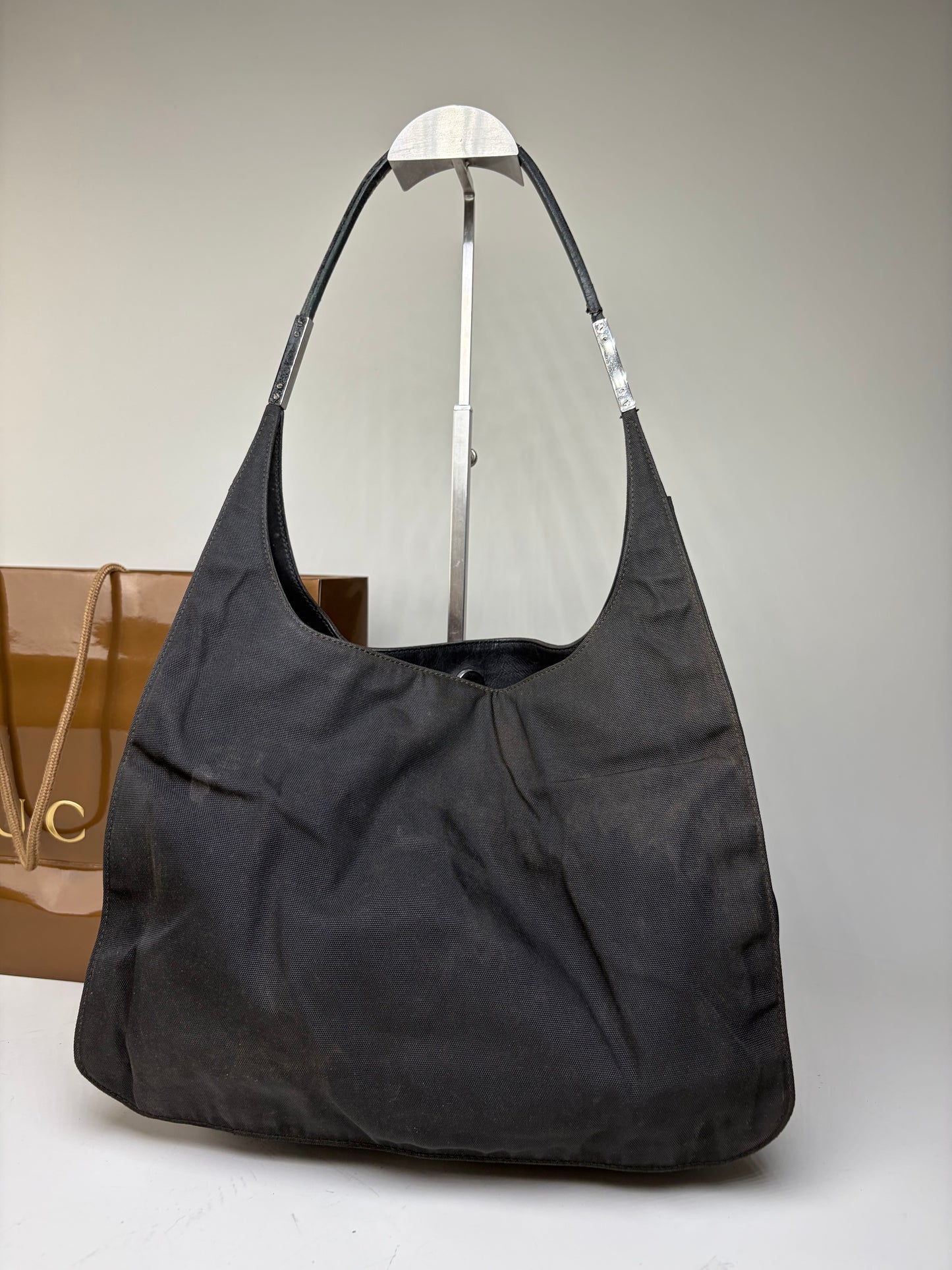 Vintage Gucci Nylon Shoulder Bag Black Silver