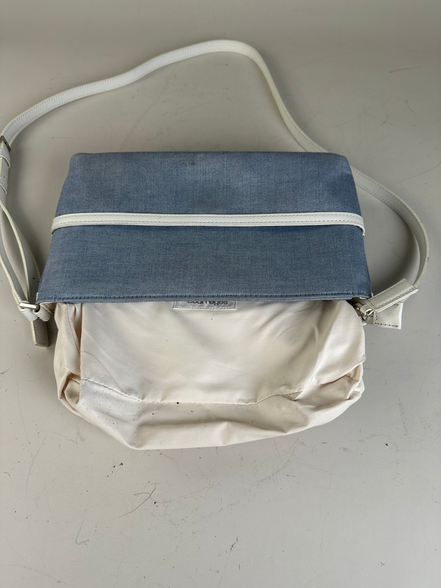 Vintage Courreges Denim Leather Trim Crossbody Bag Light Blue White