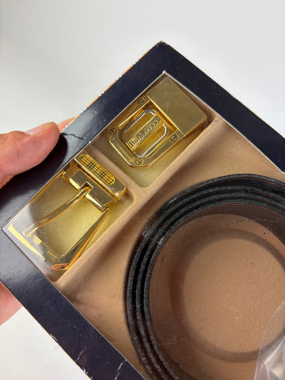Vintage Burberry Leather Logo Belt Black Brown Gold