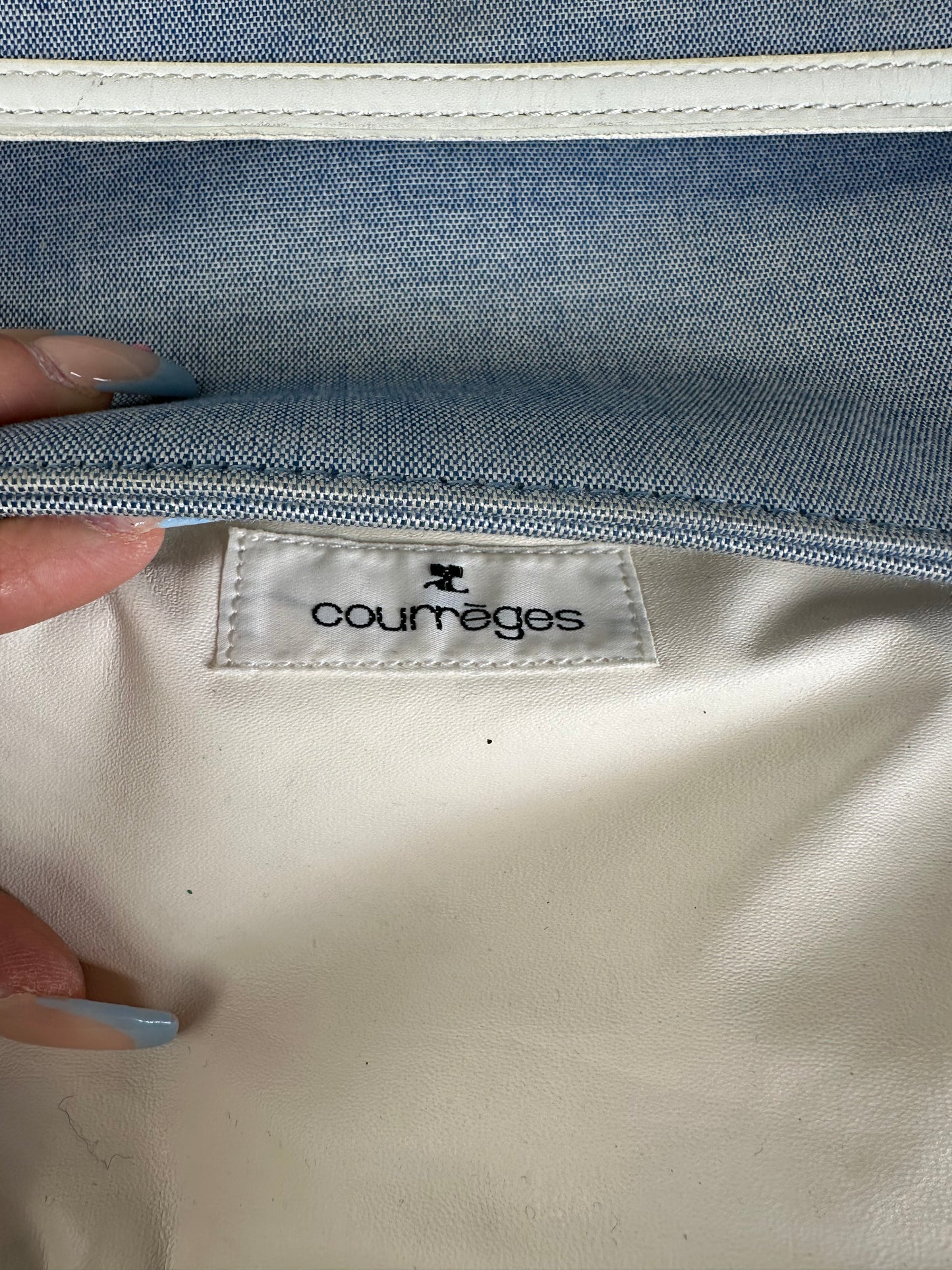 Vintage Courreges Denim Leather Trim Crossbody Bag Light Blue White