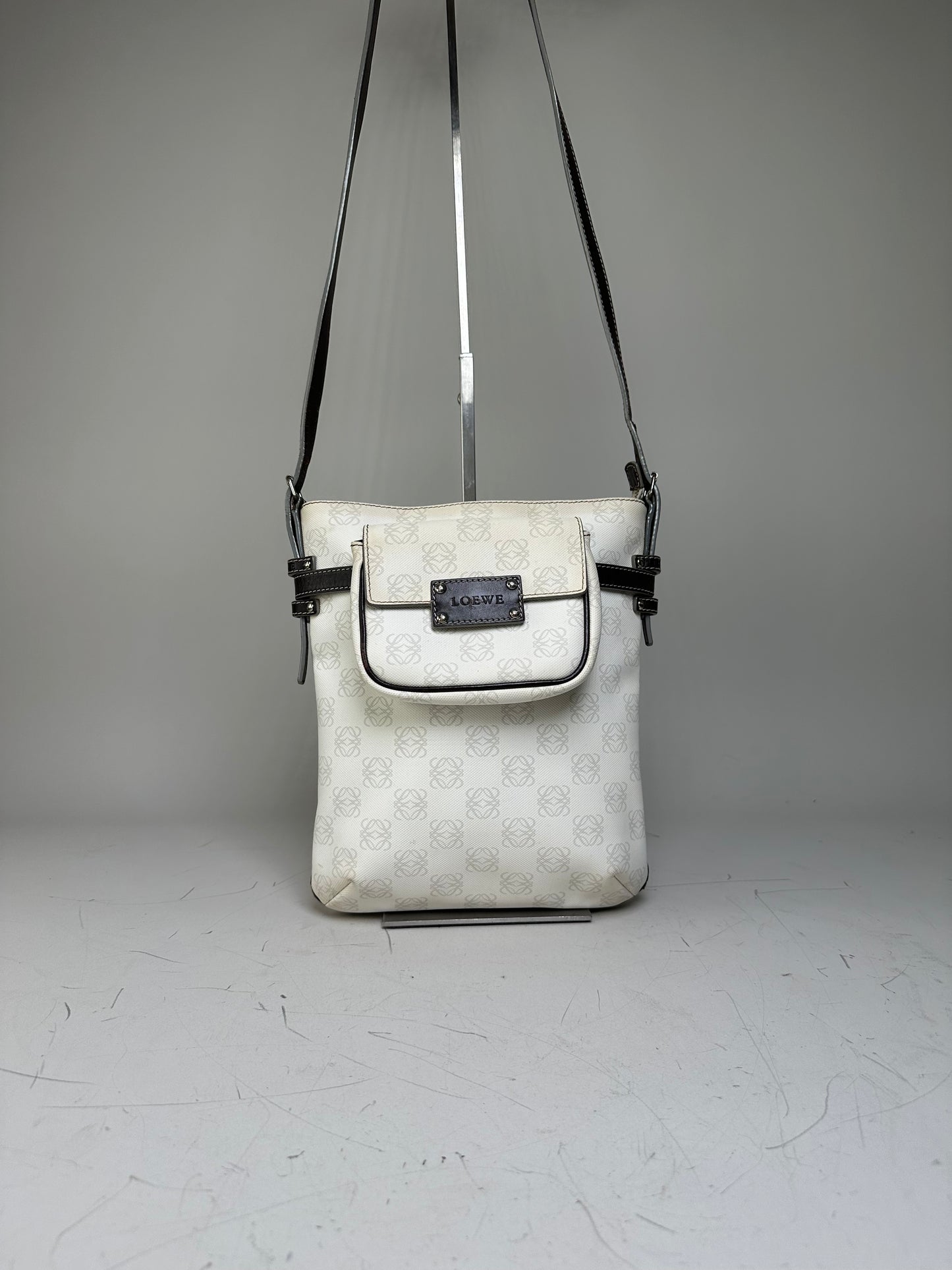 Vintage Loewe Coated Canvas Crossbody Bag White Silver