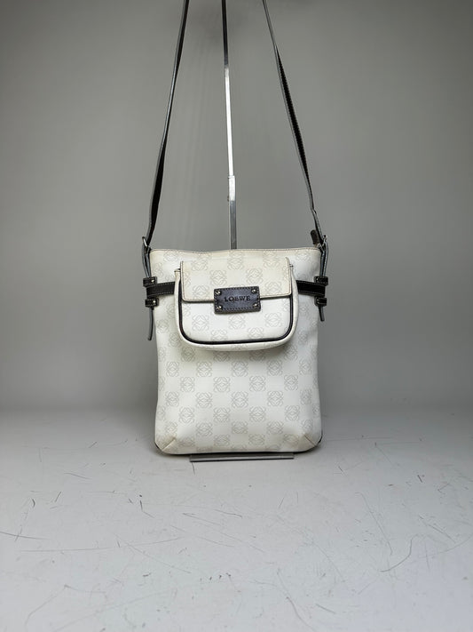 Vintage Loewe Coated Canvas Crossbody Bag White Silver