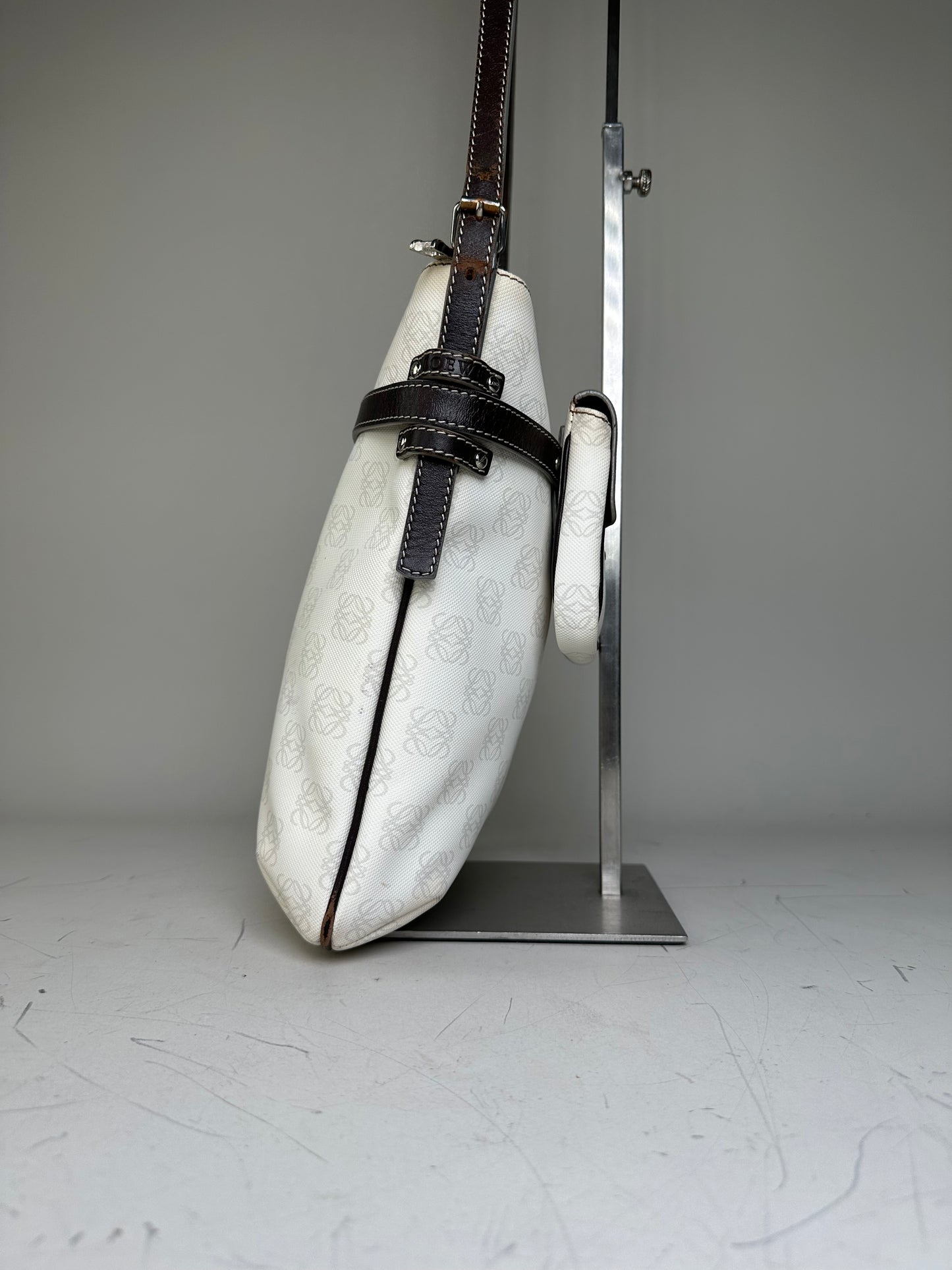 Vintage Loewe Coated Canvas Crossbody Bag White Silver