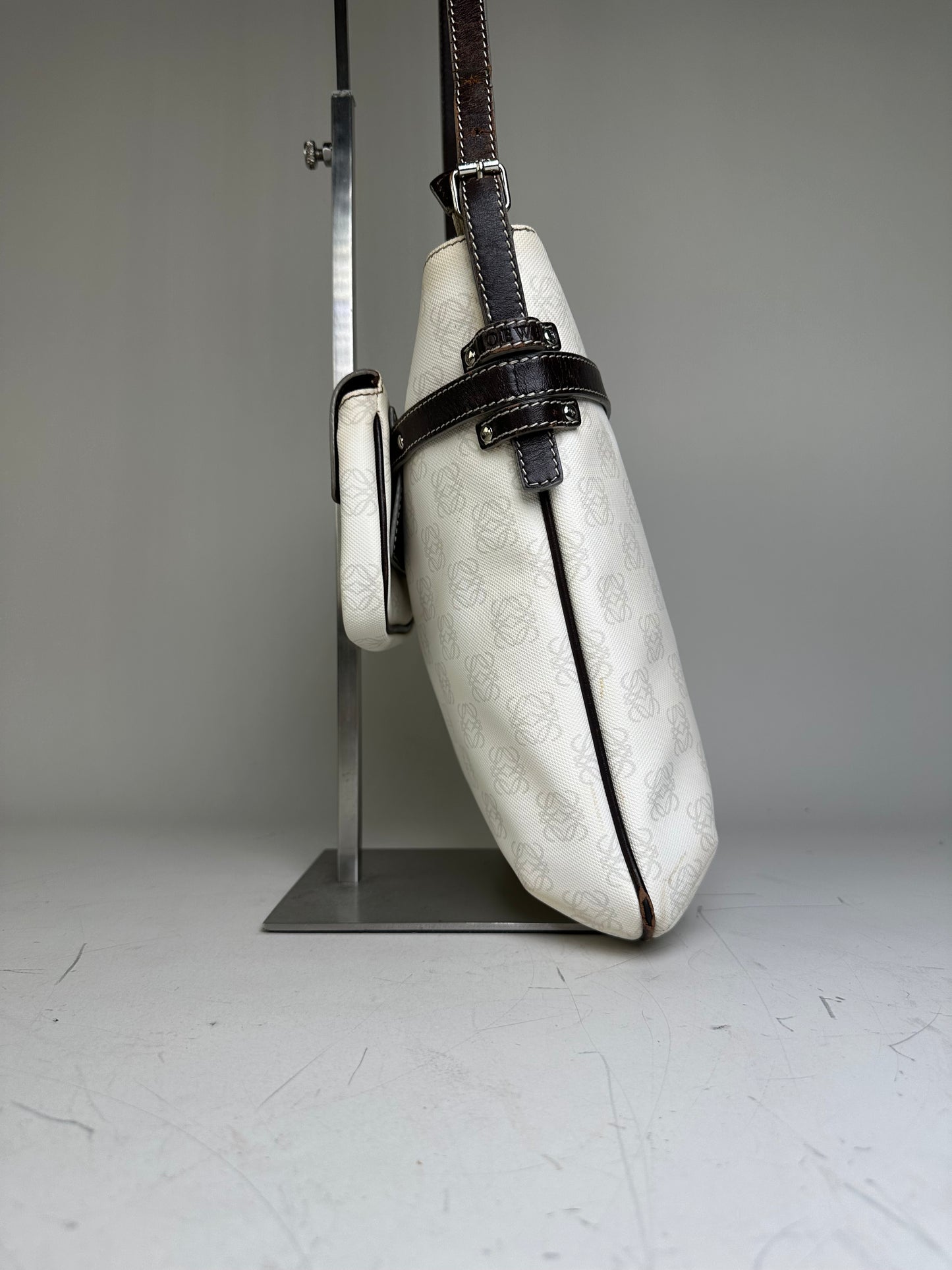 Vintage Loewe Coated Canvas Crossbody Bag White Silver
