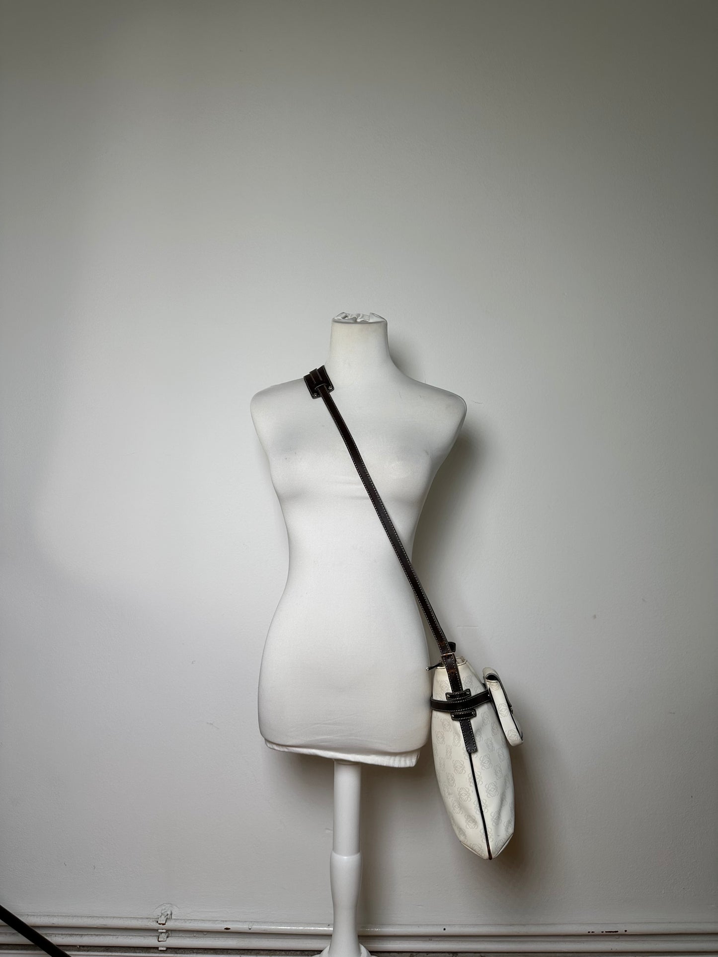 Vintage Loewe Coated Canvas Crossbody Bag White Silver