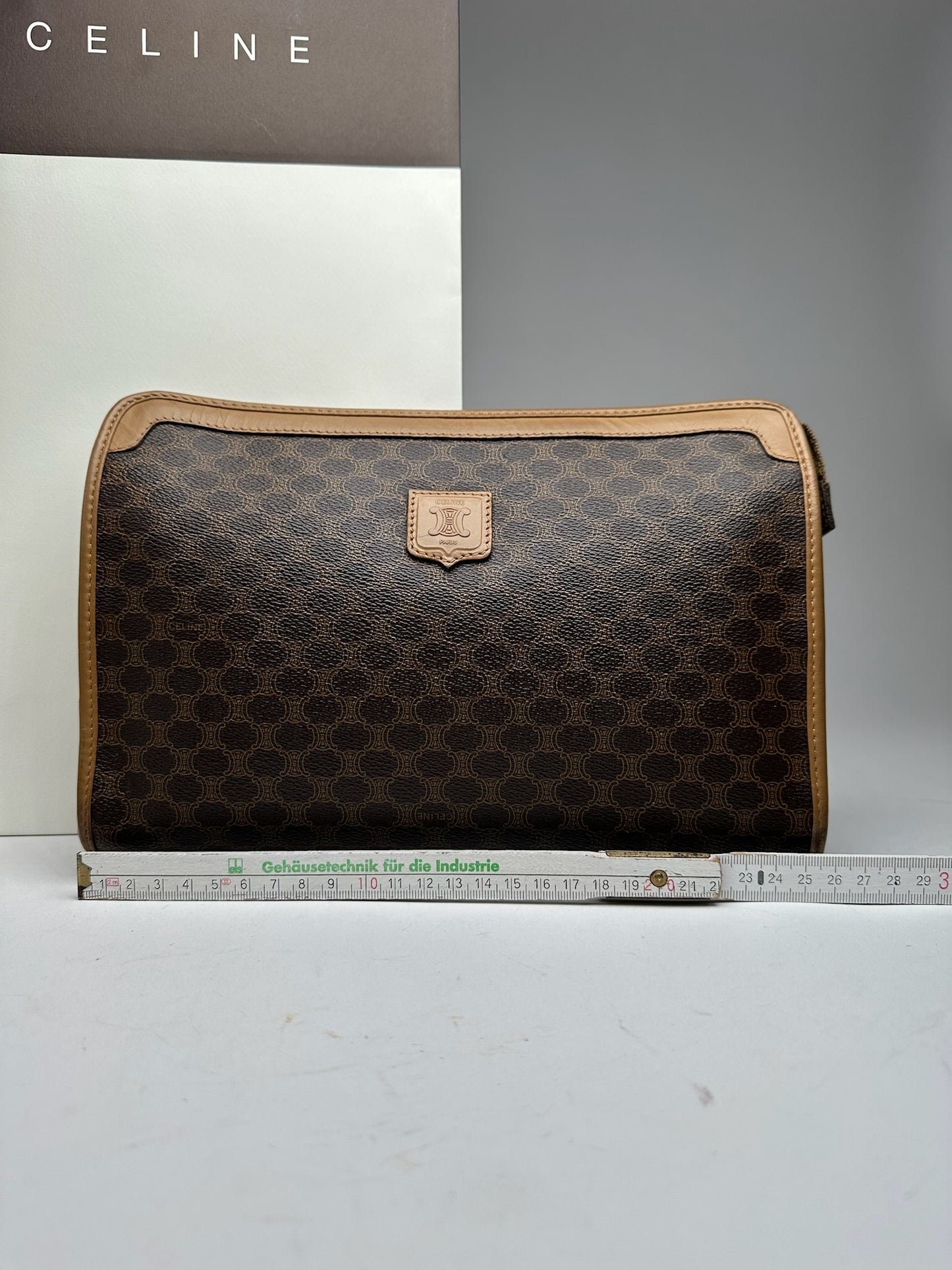 Vintage Celine Paris Triomphe monogram Leather clutch brown