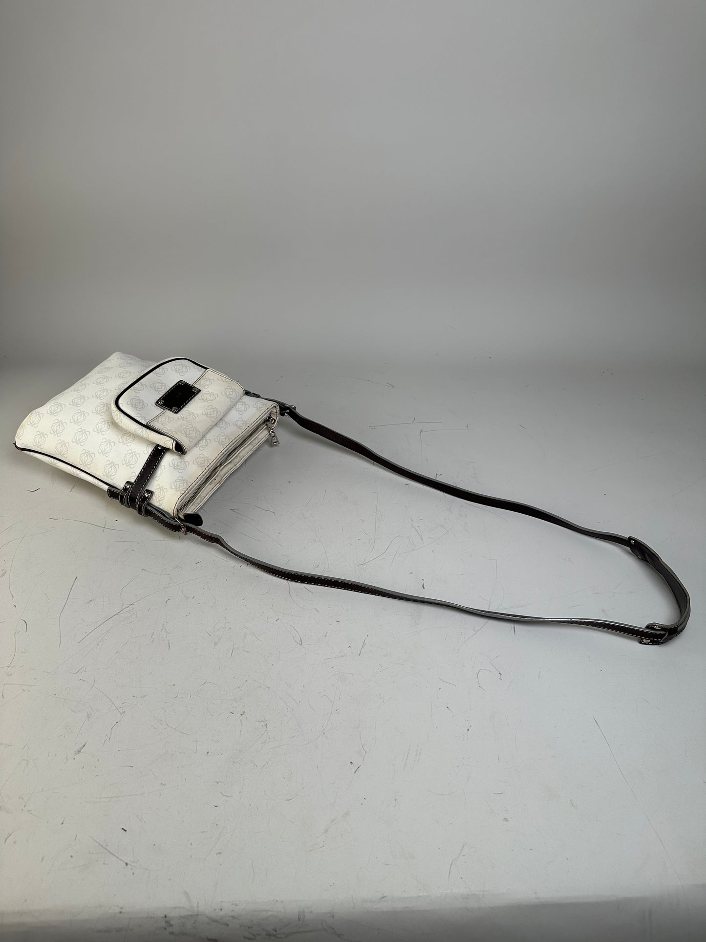 Vintage Loewe Coated Canvas Crossbody Bag White Silver