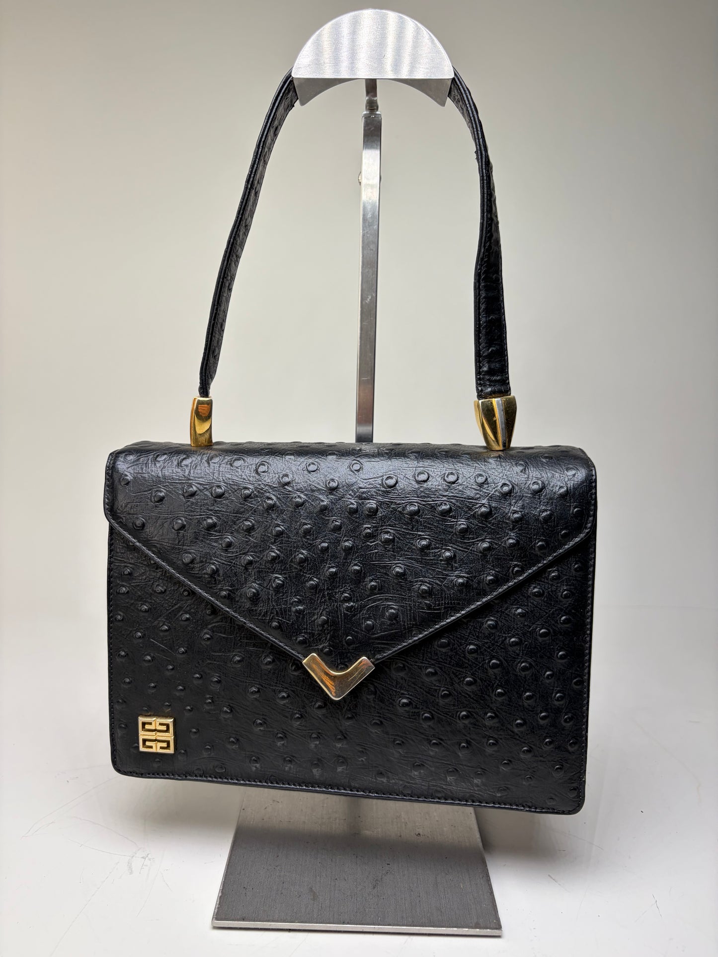 Vintage Givenchy Structured Leather Handbag Black Gold