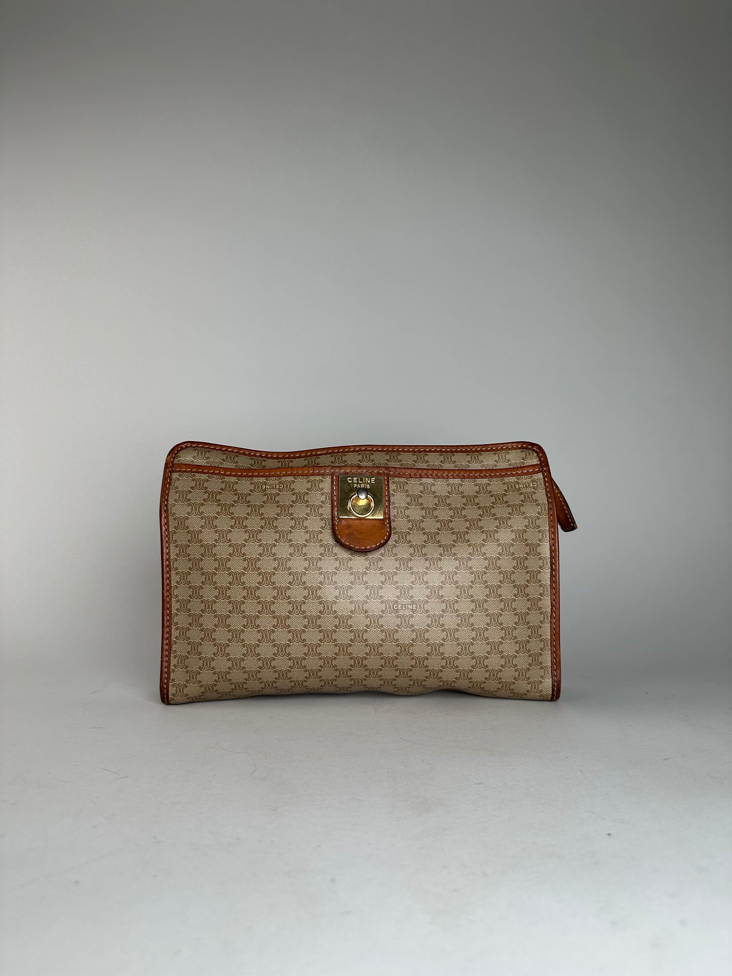 Vintage Celine Paris Leather Triomphe Monogram Clutch Beige