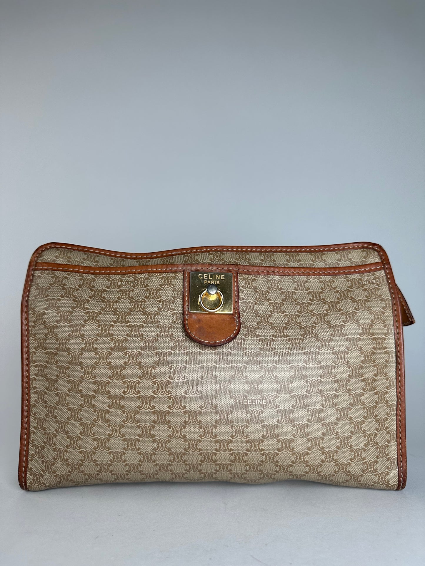 Vintage Celine Paris Leather Triomphe Monogram Clutch Beige