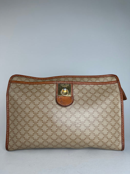 Vintage Celine Paris Leather Triomphe Monogram Clutch Beige
