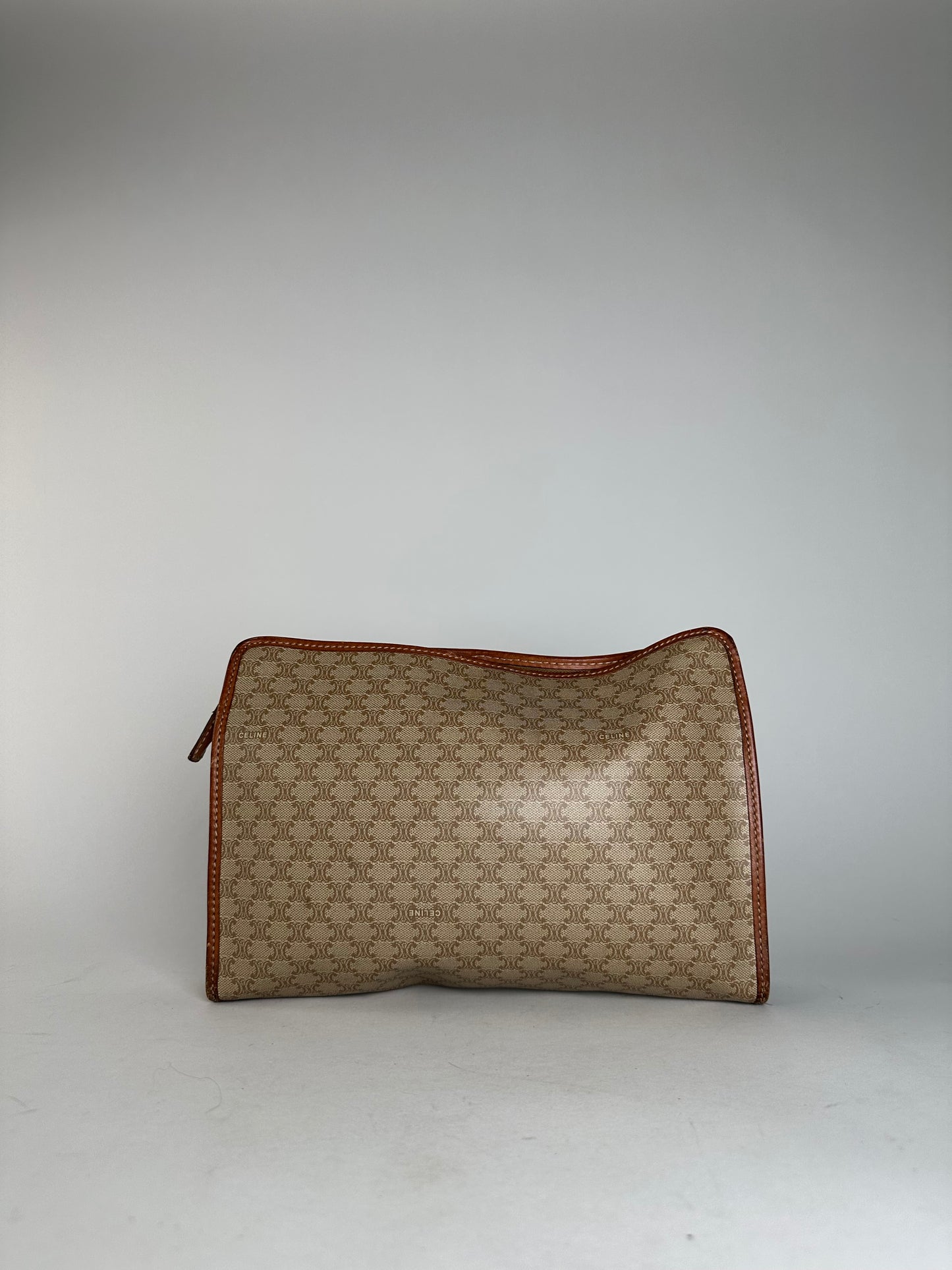 Vintage Celine Paris Leather Triomphe Monogram Clutch Beige