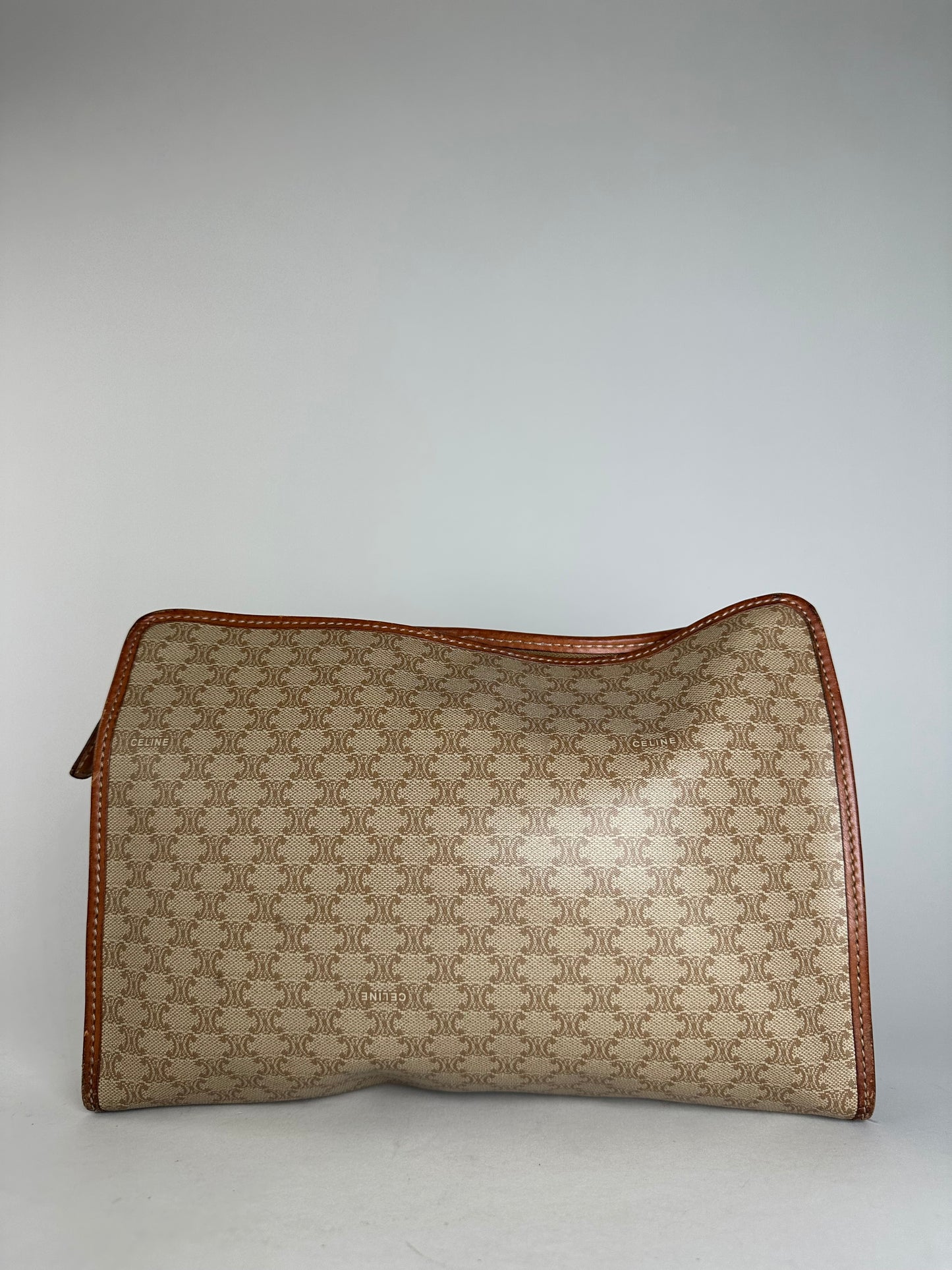 Vintage Celine Paris Leather Triomphe Monogram Clutch Beige