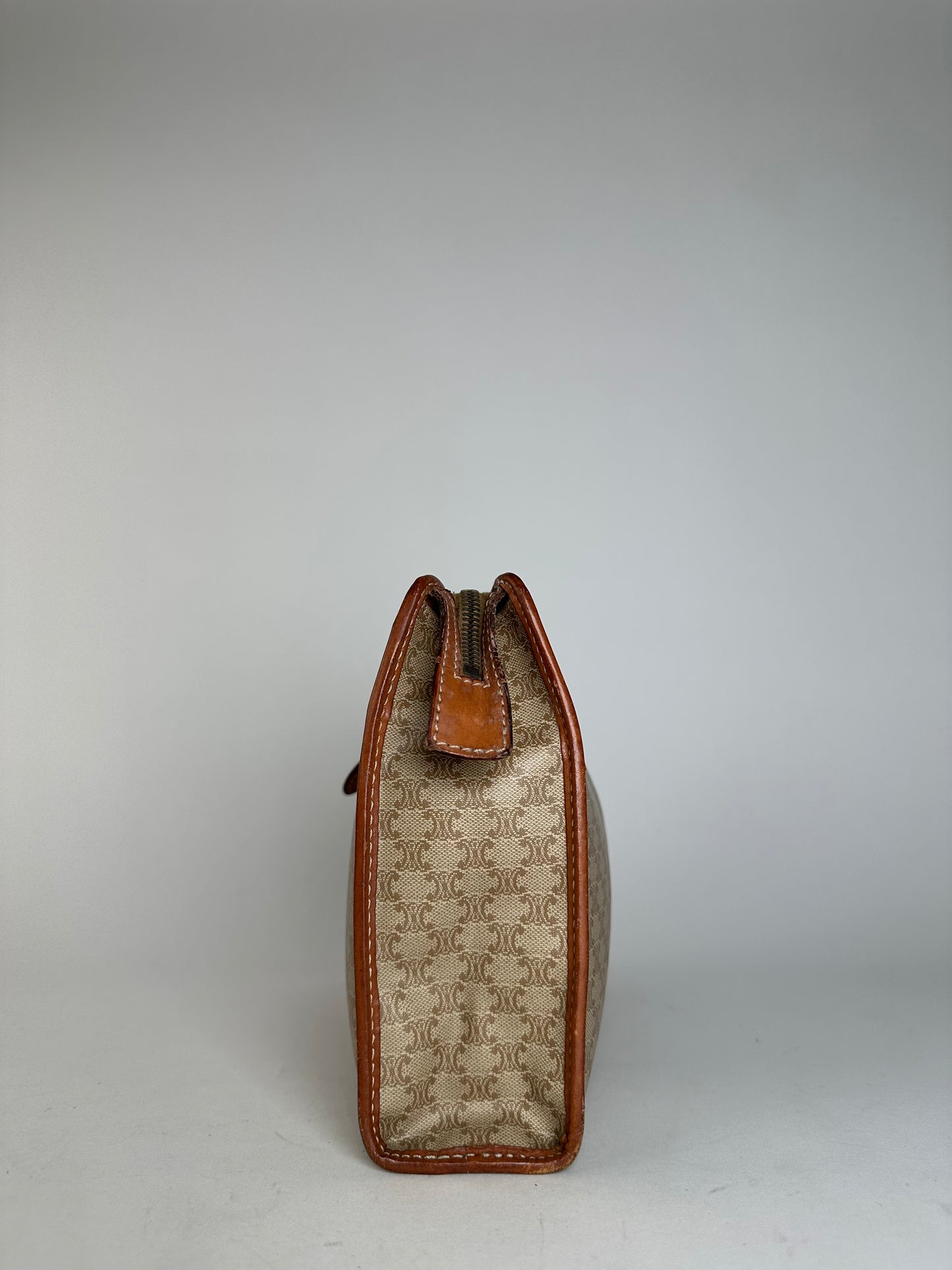 Vintage Celine Paris Leather Triomphe Monogram Clutch Beige