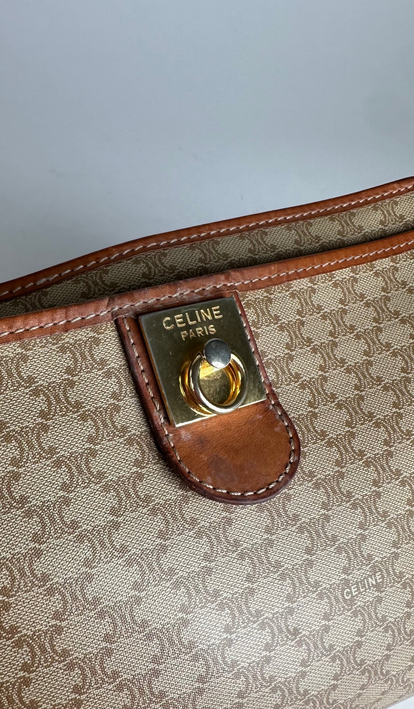Vintage Celine Paris Leather Triomphe Monogram Clutch Beige