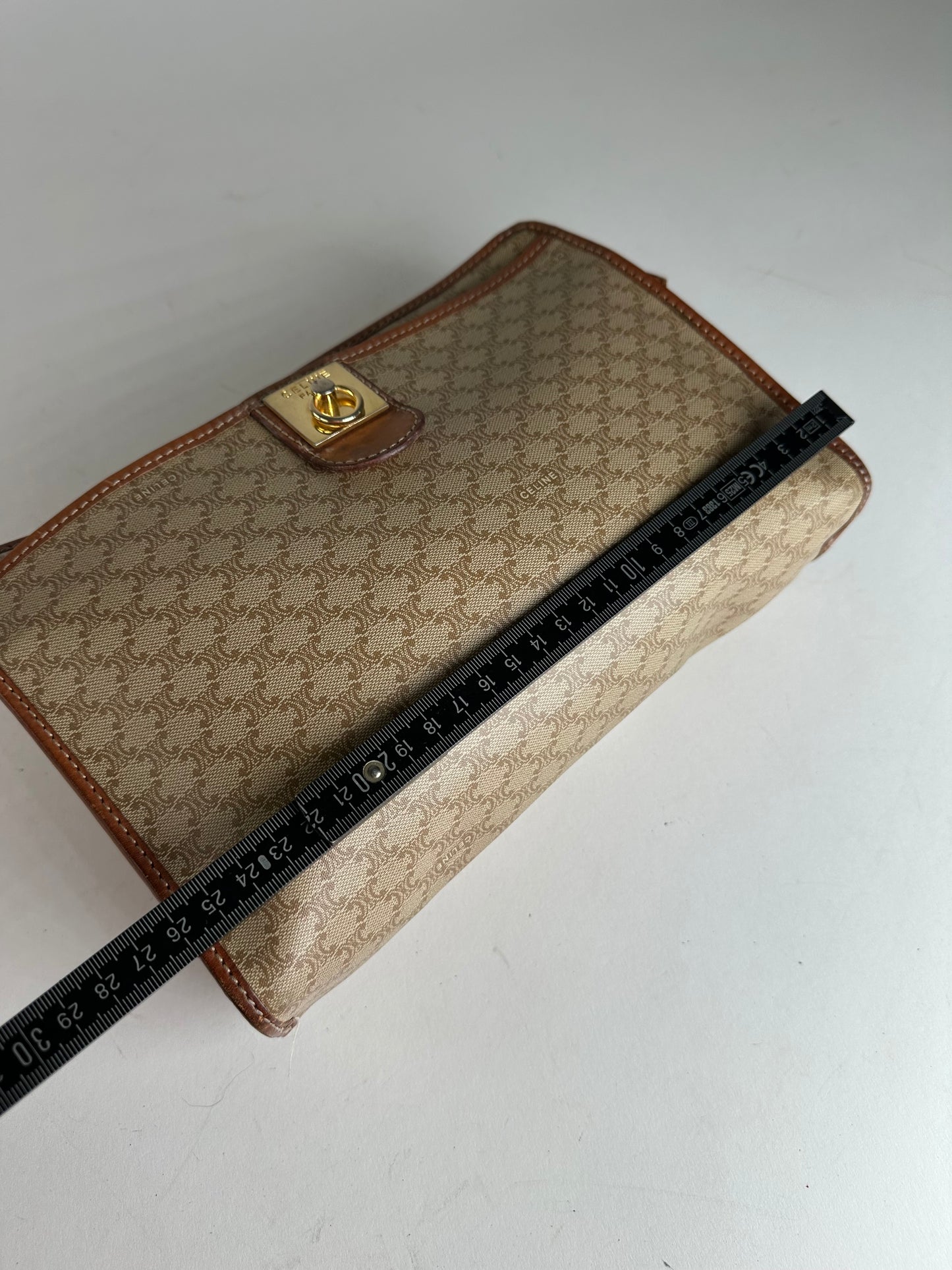Vintage Celine Paris Leather Triomphe Monogram Clutch Beige