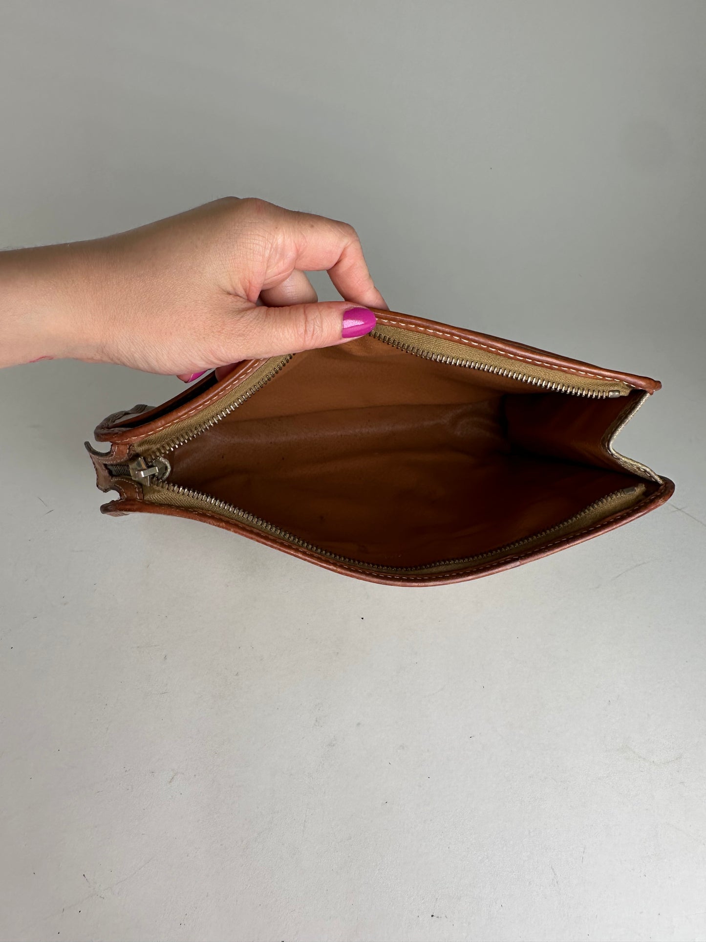 Vintage Celine Paris Leather Triomphe Monogram Clutch Beige