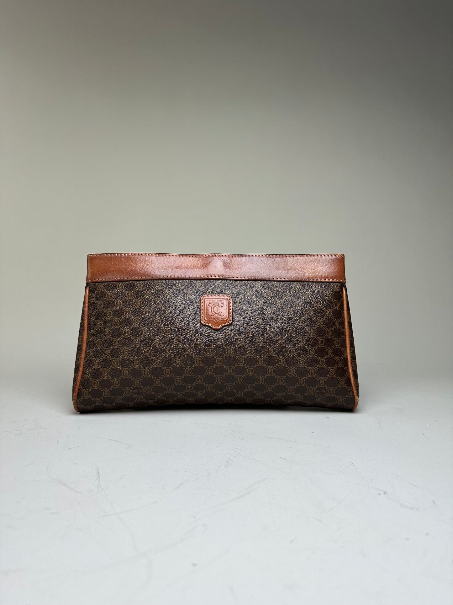 Vintage Celine Coated Canvas Clutch Bag Brown Tan Gold