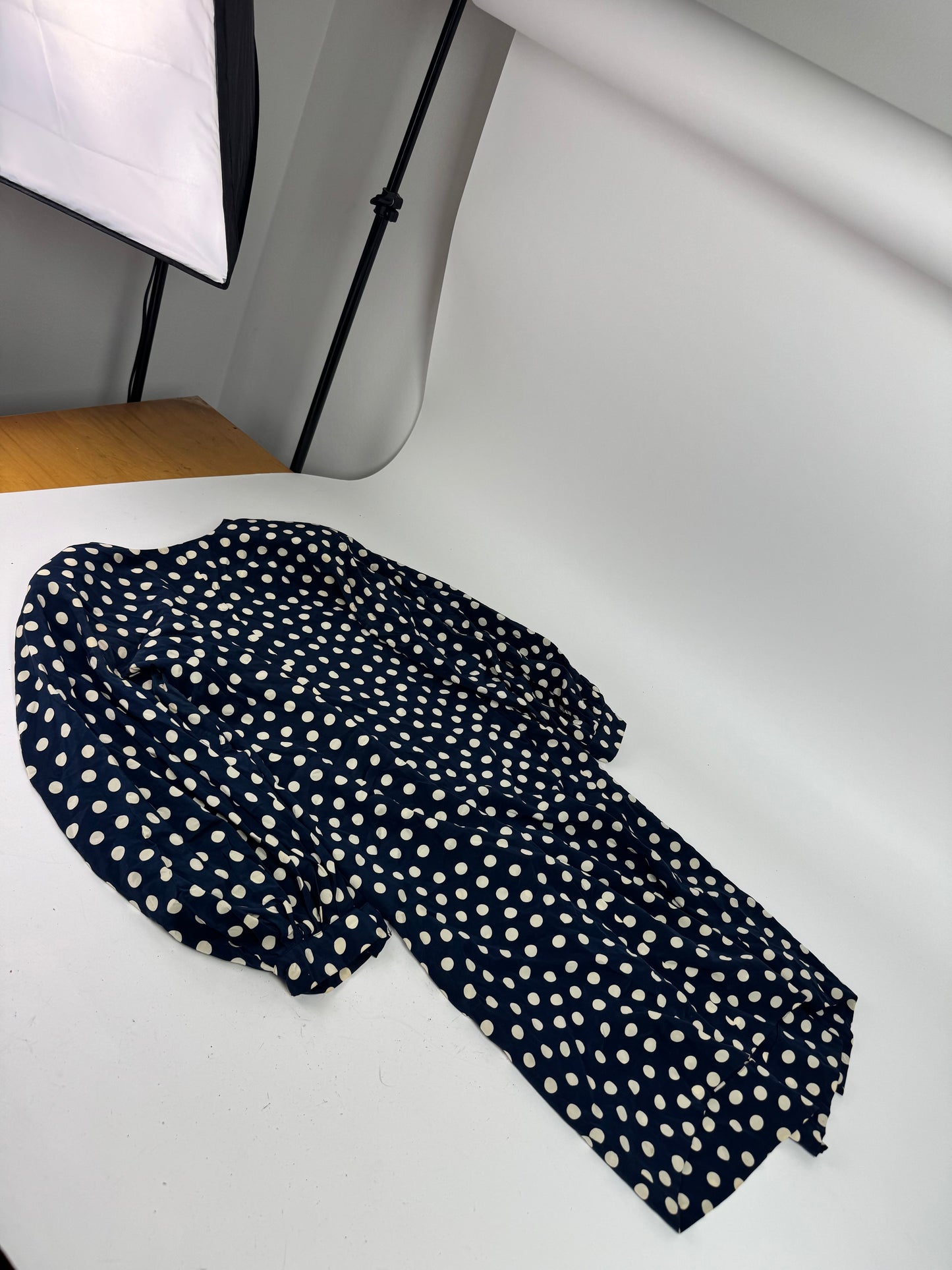 Vintage Dior polkadot Silk Dress navy White L