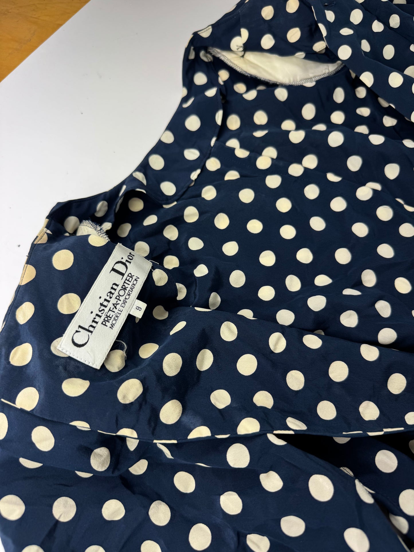 Vintage Dior polkadot Silk Dress navy White L