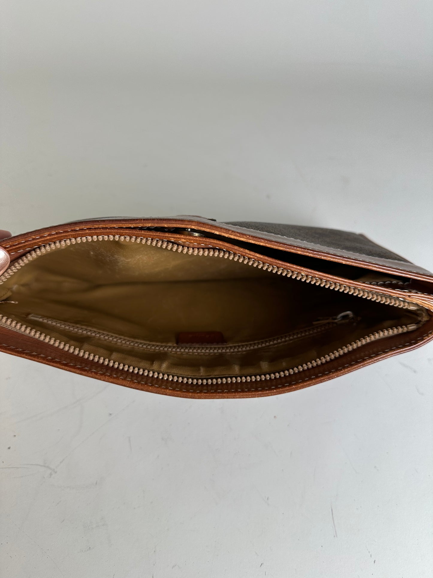 Vintage Celine Coated Canvas Clutch Bag Brown Tan Gold