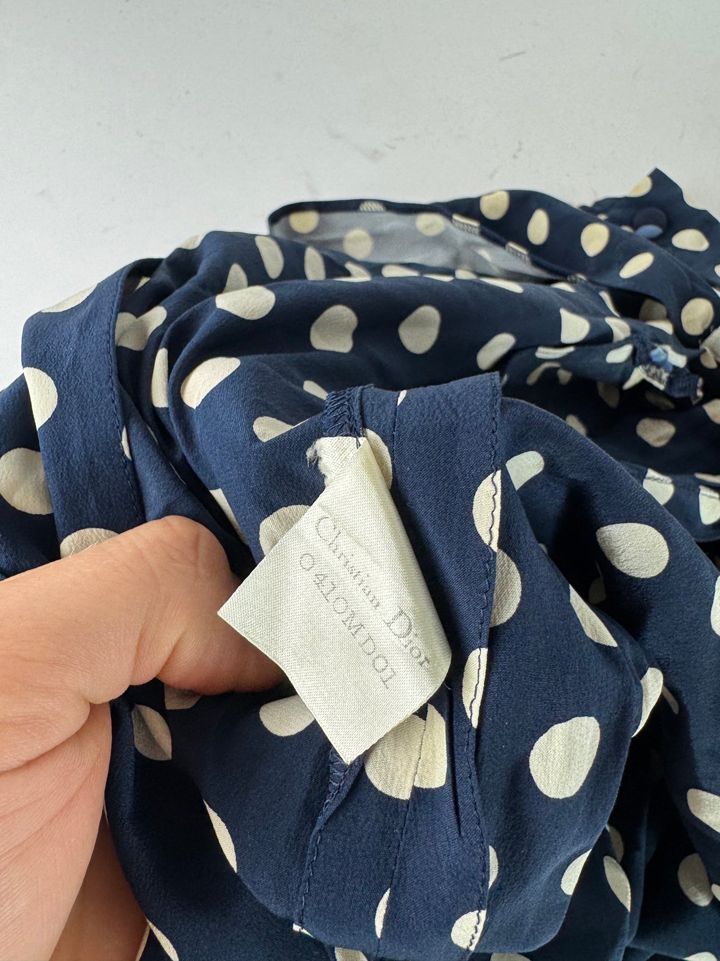 Vintage Dior polkadot Silk Dress navy White L