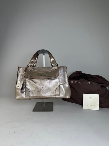 Vintage Celine Leather Satchel Brown Silver