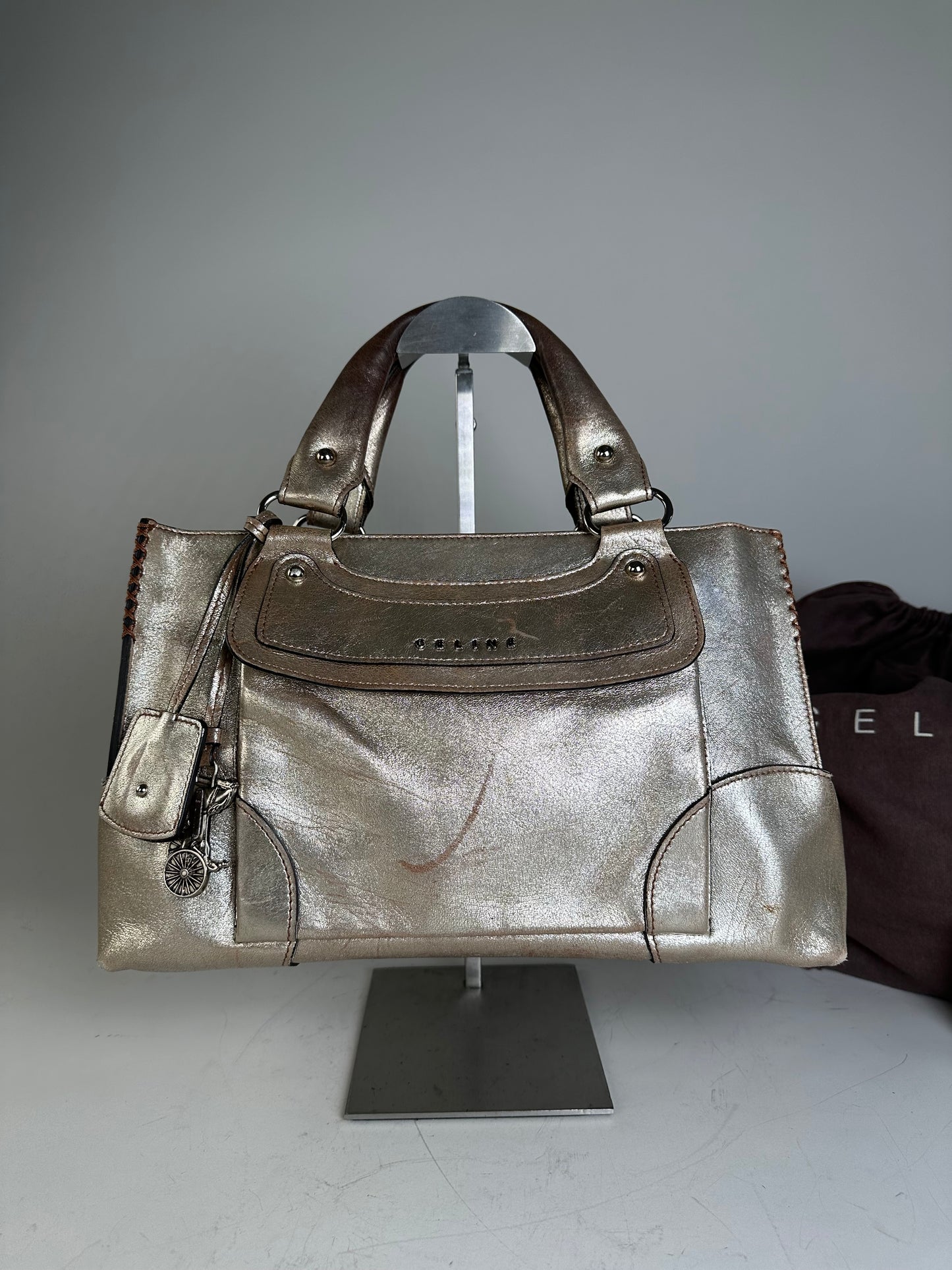 Vintage Celine Leather Satchel Brown Silver