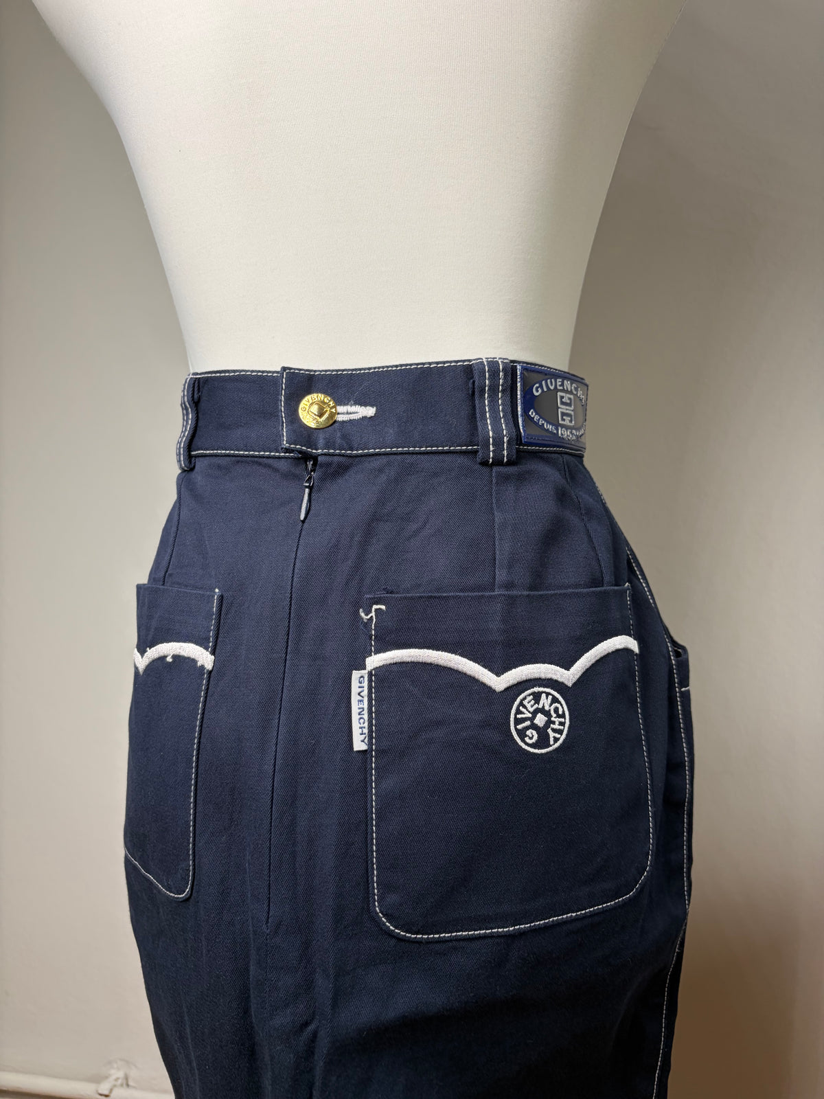 Vintage Givenchy Boutique Denim Pencil Skirt Late 1990s Navy S