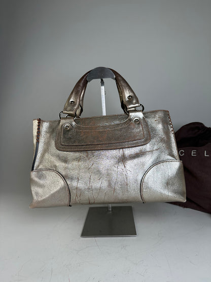 Vintage Celine Leather Satchel Brown Silver