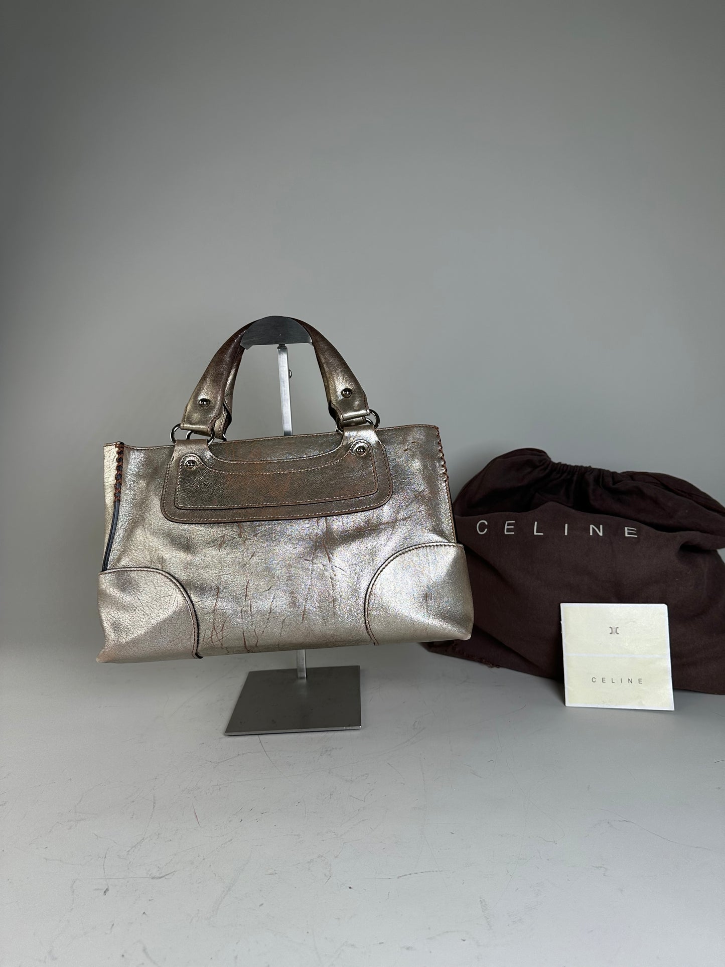 Vintage Celine Leather Satchel Brown Silver